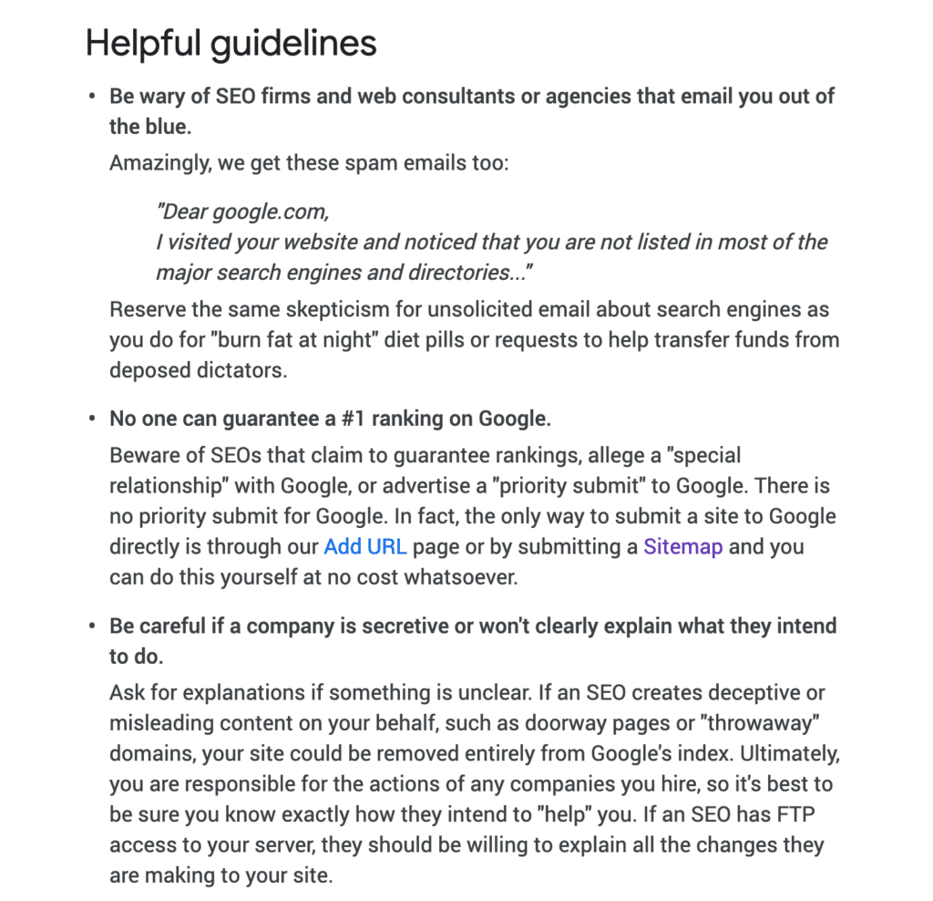 Googles guidelines for seo